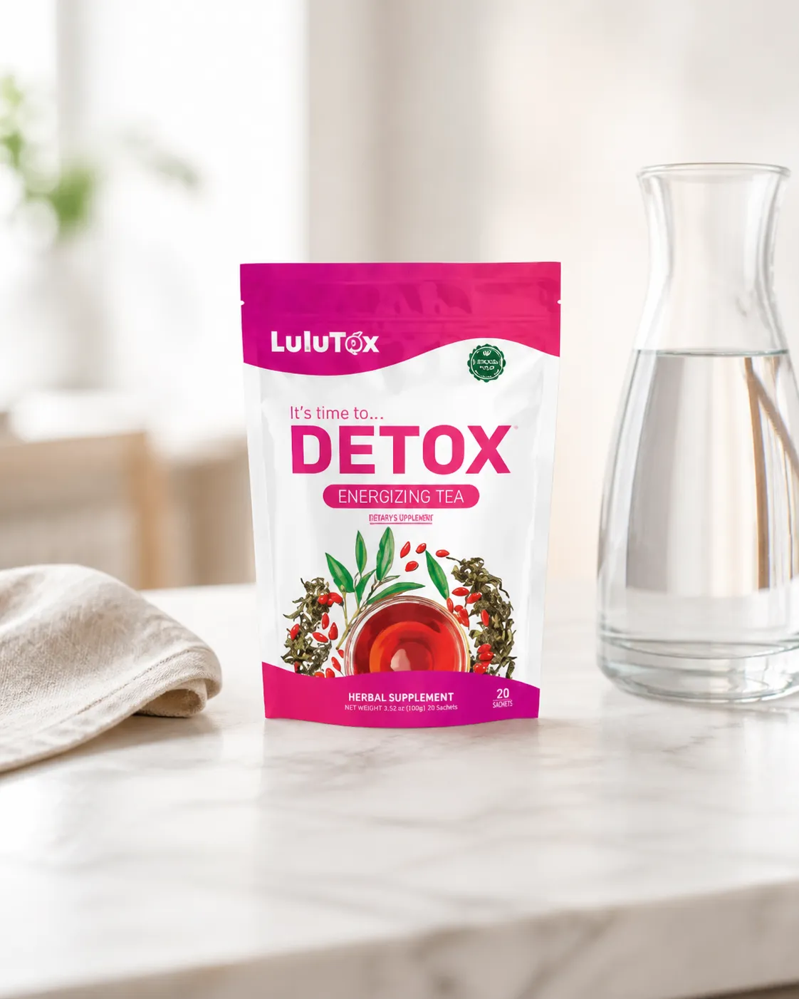 Lulutox Detox Tea — Verpackung im Alltag